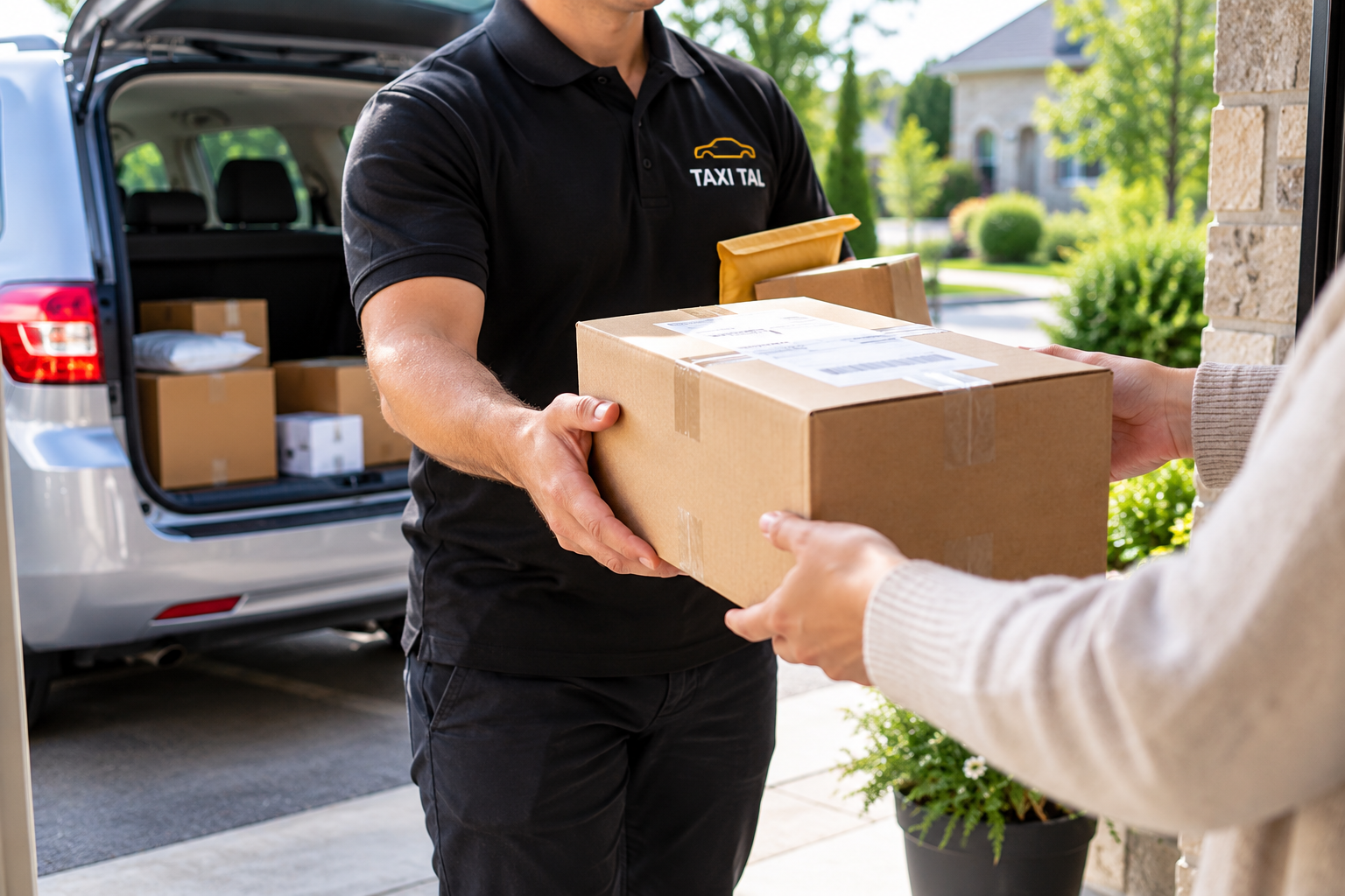 Livreur Taxi Tal remettant un colis à un client – Service de livraison dans les Laurentides