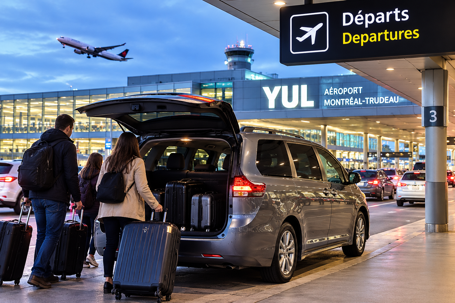 Transfert en taxi à l’aéroport Montréal-Trudeau (YUL) avec minifourgonnette et bagages